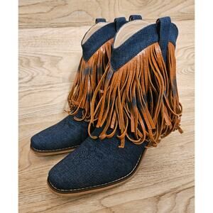 NEW Denim Leather Fringe Cowgirl Ankle Boots Western Womens Size EUR 38 US 7